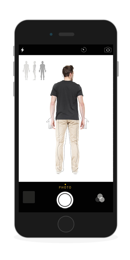 phone showing the camera screen where users take a series of pictures so the fit asssistant can calculate their measurements for them