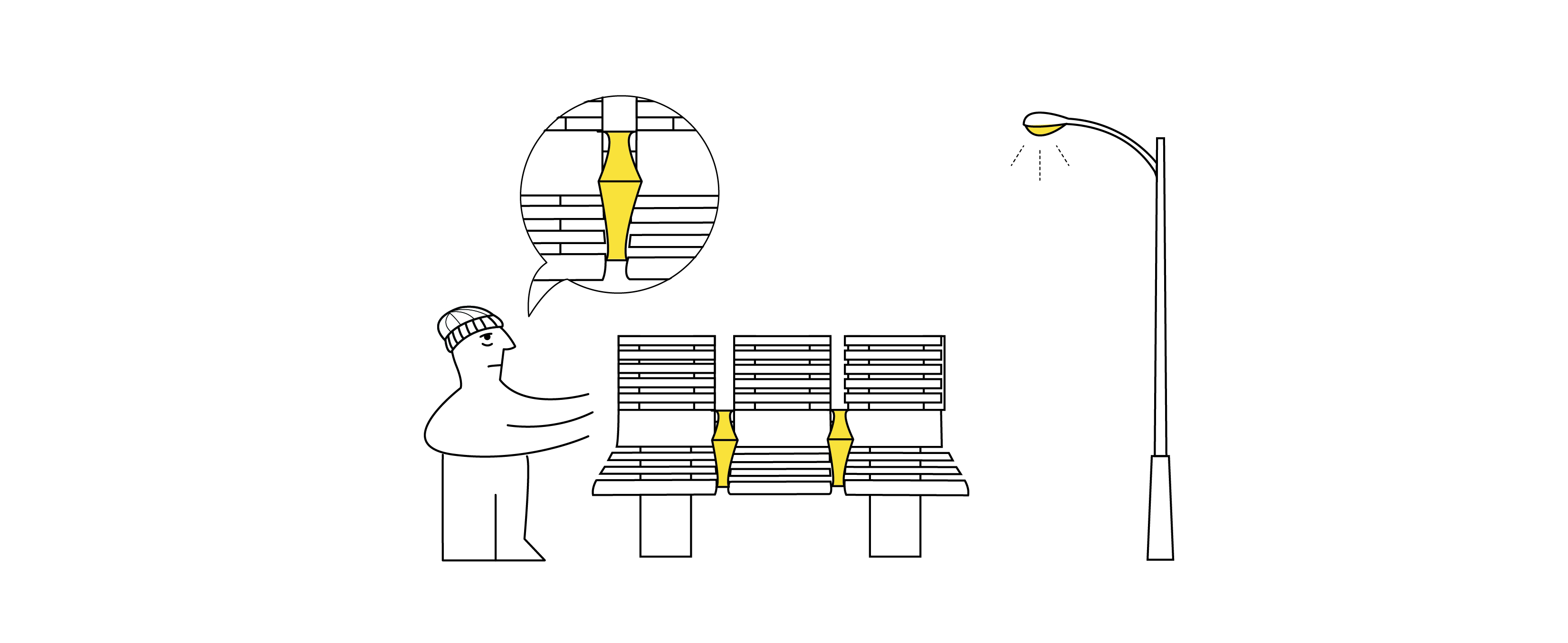 illustration of ikea man looking at a bench with armrests