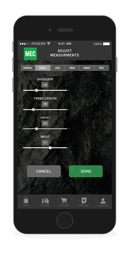 phone showing the screen where users can review and adjust their measurements either using sliders or typing in a number with an outlined figure that will adjust live depending on the values entered