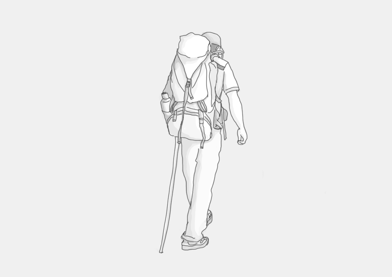 illustration of man hiking with backpack and walking stick