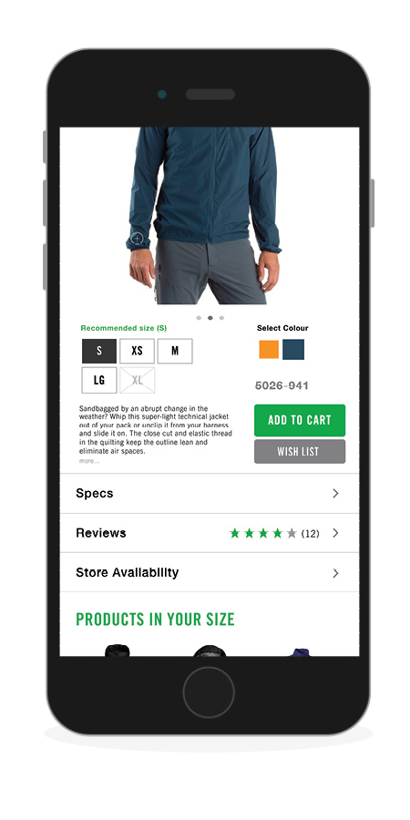 phone showing a mec product page with the added features from the Fit Assistant, including info about how fit affects use, suggested size, and other products recommended based on fit