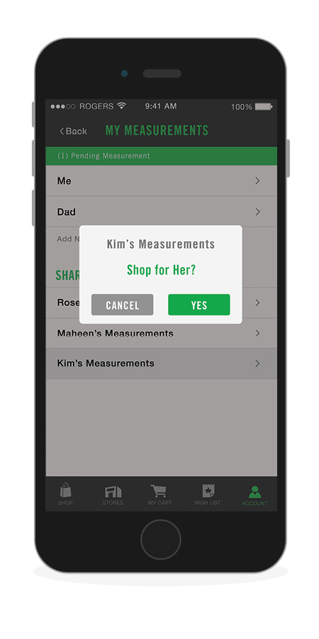 phone screen for sharing your measurements with someone else so they can shop for you and be sure to get the right size